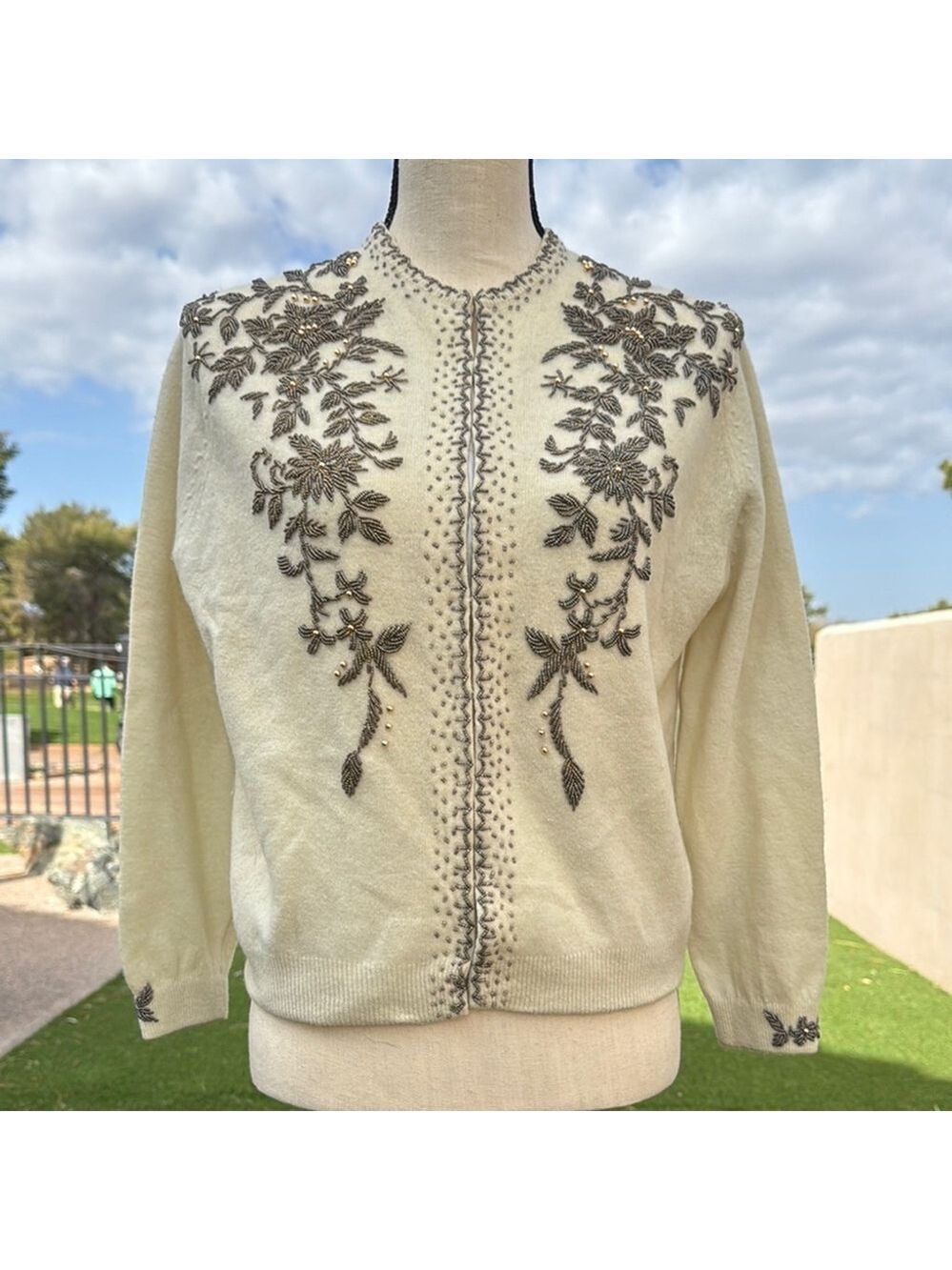 Vintage Mohan's Ltd Beaded Cashmere Lined Cardigan Cream